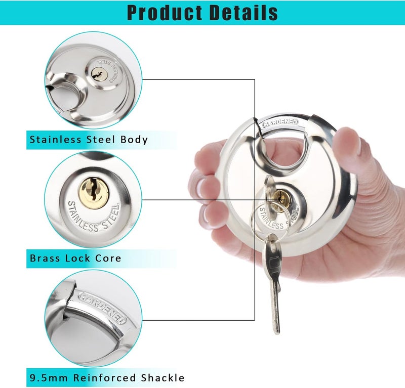 Fuaxat Disc Lock for Storage Unit 2-3/4"(70mm), Stainless Steel Keyed Padlock with Keys, Outdoor Waterproof Storage Lock for Storage Locker, Shed, Gate, Fence, Heavy Duty Discus Keyed Pad Lock - Image 2